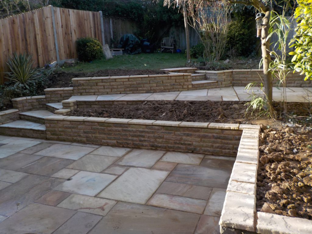 Patio, path and brick walls